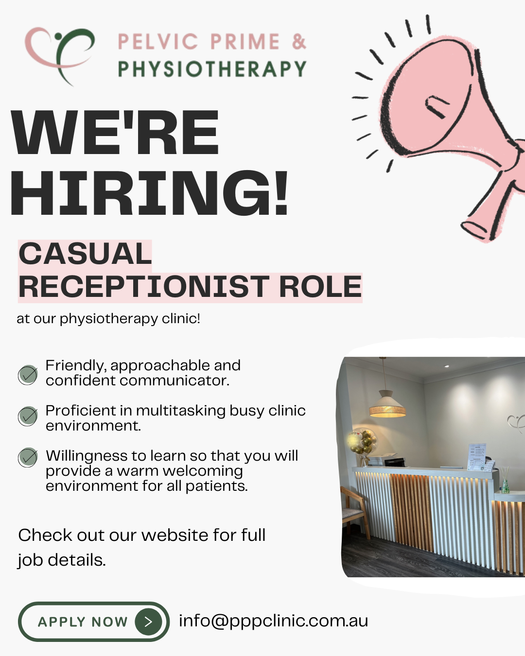 Casual Receptionist Role in Brisbane Physiotherapy Clinic